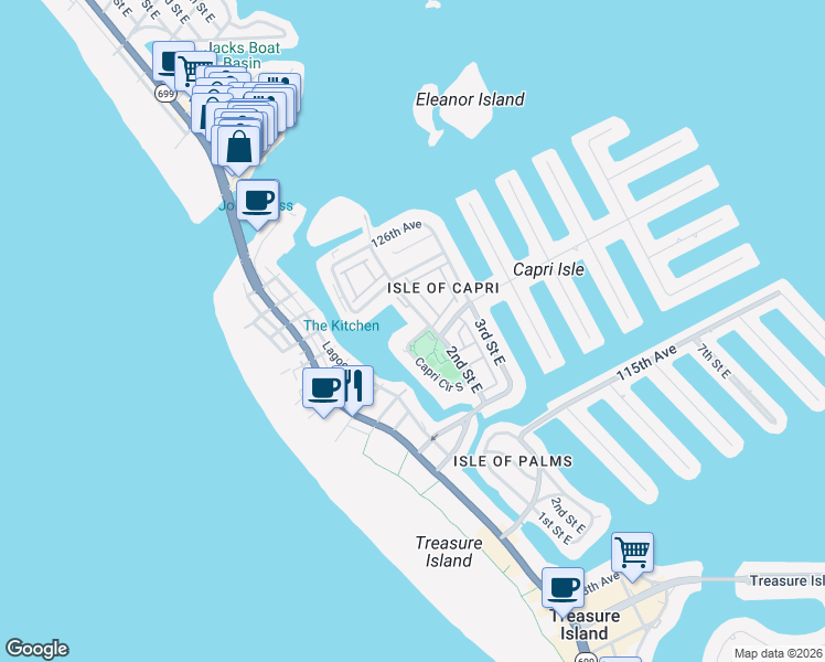 map of restaurants, bars, coffee shops, grocery stores, and more near 12140 Capri Circle South in Treasure Island