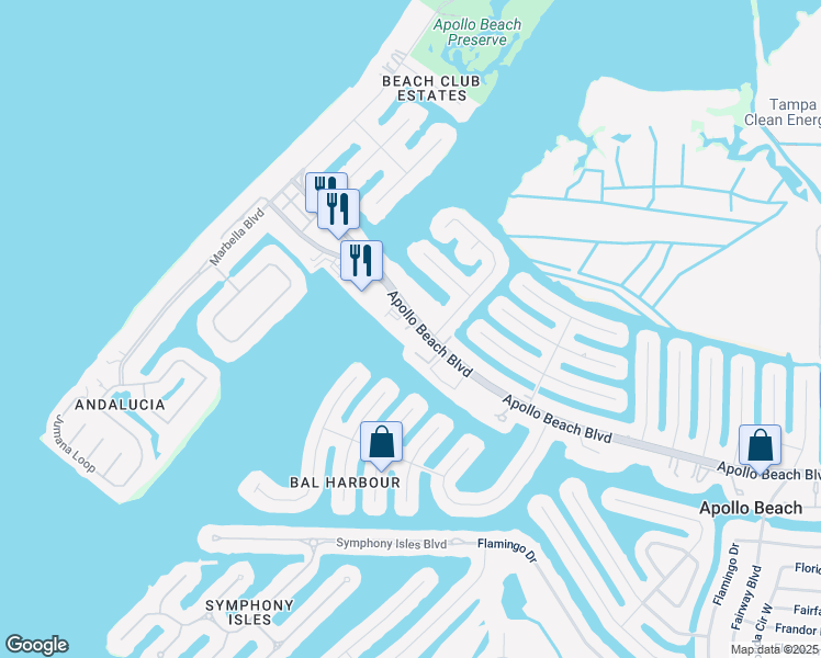 map of restaurants, bars, coffee shops, grocery stores, and more near 1030 Bellasol Way in Apollo Beach