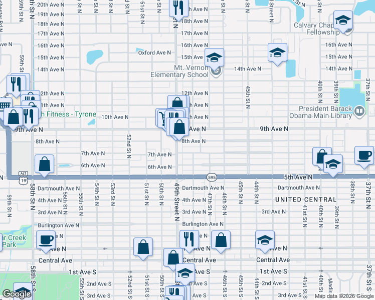 map of restaurants, bars, coffee shops, grocery stores, and more near 801 49th Street North in St. Petersburg
