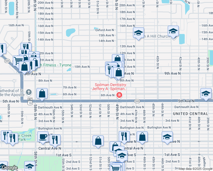 map of restaurants, bars, coffee shops, grocery stores, and more near 840 49th Street North in St. Petersburg