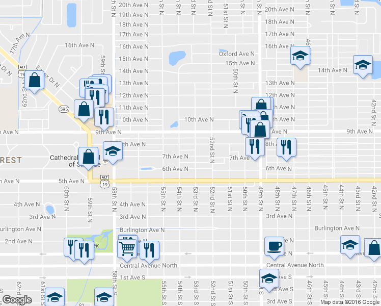 map of restaurants, bars, coffee shops, grocery stores, and more near 5301 8th Avenue North in St. Petersburg