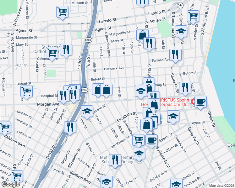 map of restaurants, bars, coffee shops, grocery stores, and more near 1201 11th Street in Corpus Christi