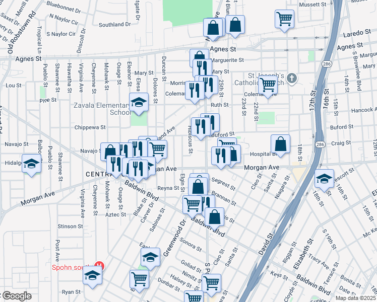 map of restaurants, bars, coffee shops, grocery stores, and more near 1113 Hibiscus Street in Corpus Christi