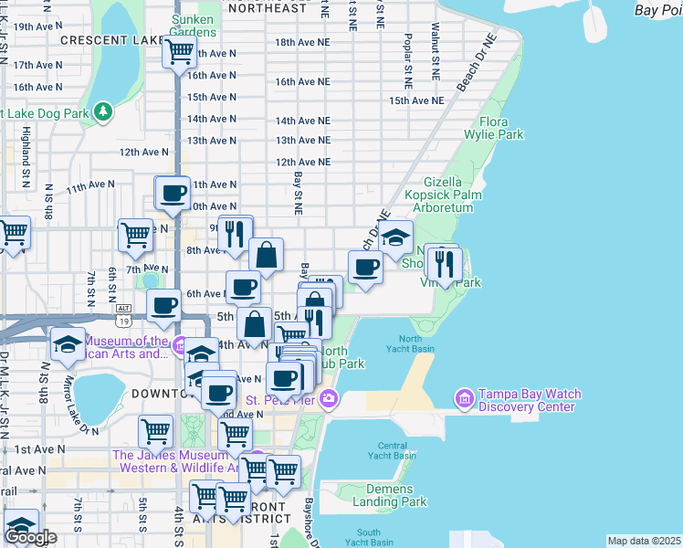 map of restaurants, bars, coffee shops, grocery stores, and more near 656 Beach Drive Northeast in St. Petersburg
