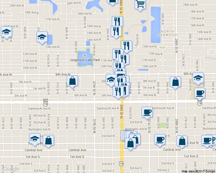 map of restaurants, bars, coffee shops, grocery stores, and more near 726 35th Street North in St. Petersburg