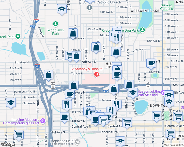 map of restaurants, bars, coffee shops, grocery stores, and more near 1200 7th Avenue North in St. Petersburg