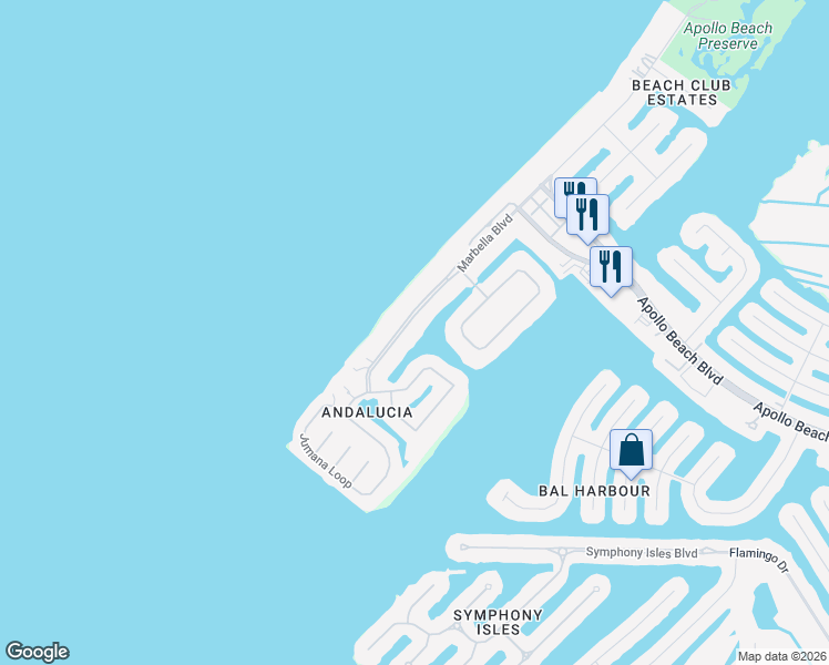 map of restaurants, bars, coffee shops, grocery stores, and more near 6209 Marbella Boulevard in Apollo Beach