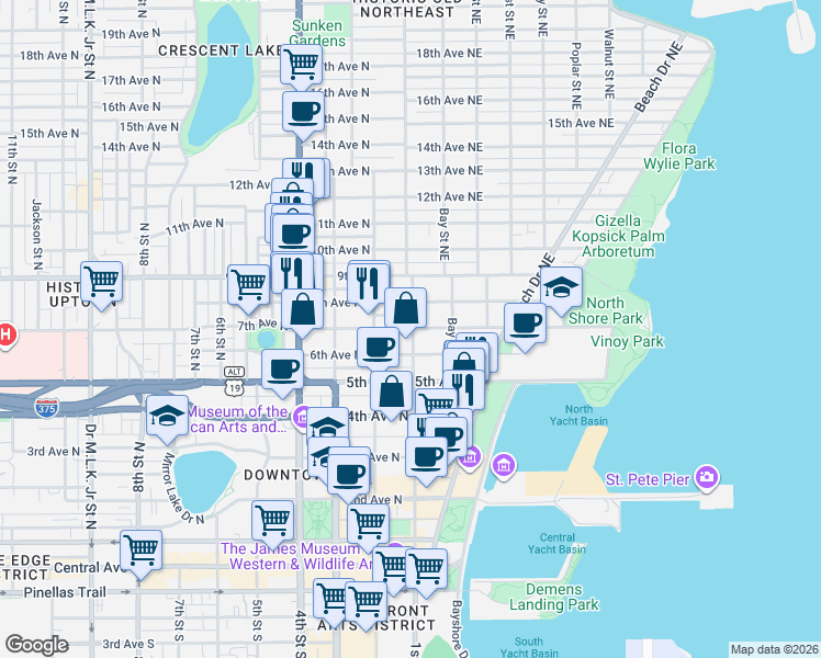 map of restaurants, bars, coffee shops, grocery stores, and more near 126 8th Avenue North in St. Petersburg