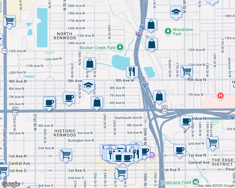 map of restaurants, bars, coffee shops, grocery stores, and more near 2218 8th Avenue North in St. Petersburg