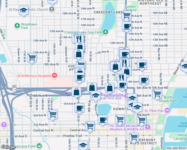 map of restaurants, bars, coffee shops, grocery stores, and more near 726 Grove Street North in St. Petersburg