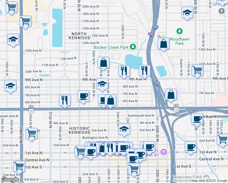 map of restaurants, bars, coffee shops, grocery stores, and more near 2430 8th Avenue North in St. Petersburg