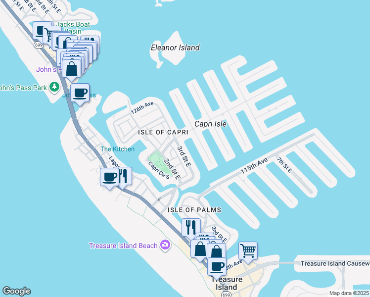 map of restaurants, bars, coffee shops, grocery stores, and more near 12051 3rd Street East in Treasure Island