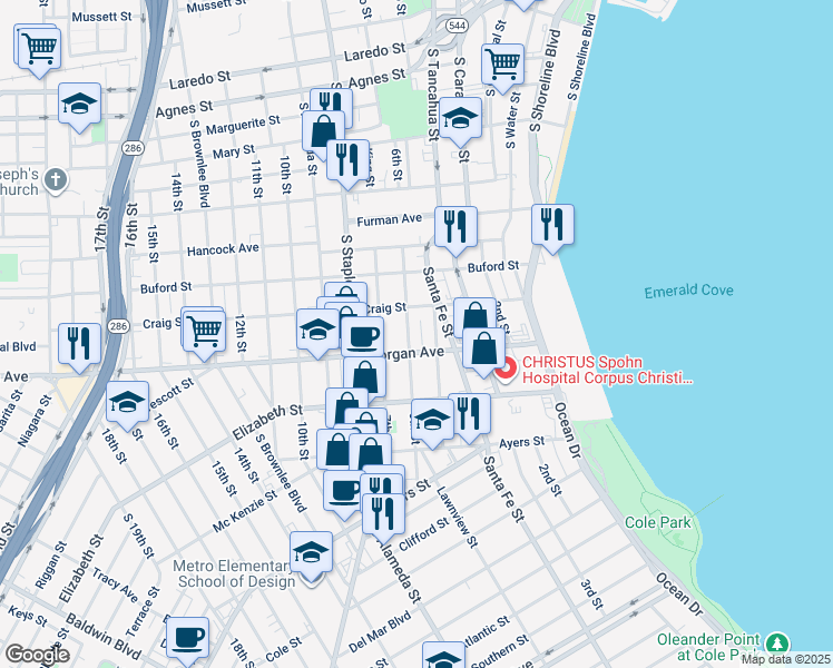 map of restaurants, bars, coffee shops, grocery stores, and more near 1206 6th Street in Corpus Christi
