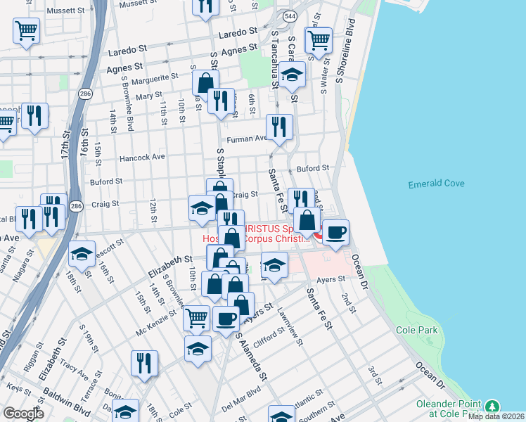map of restaurants, bars, coffee shops, grocery stores, and more near 1206 6th Street in Corpus Christi
