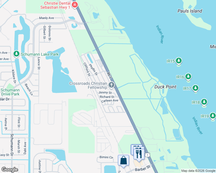 map of restaurants, bars, coffee shops, grocery stores, and more near 10305 U.S. 1 in Sebastian