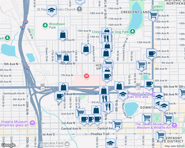 map of restaurants, bars, coffee shops, grocery stores, and more near 725 Jackson Street North in St. Petersburg
