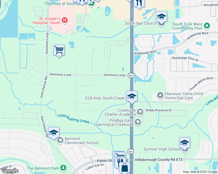 map of restaurants, bars, coffee shops, grocery stores, and more near 6616 Simmons Loop in Riverview