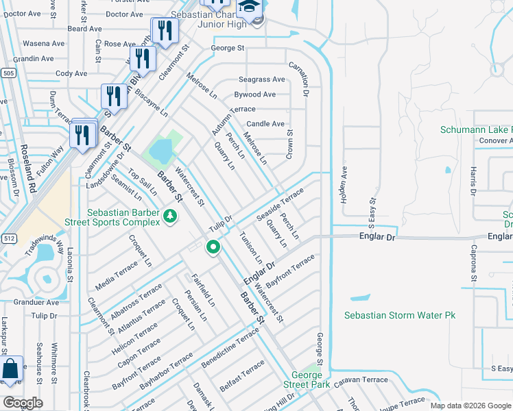 map of restaurants, bars, coffee shops, grocery stores, and more near 444 Tulip Drive in Sebastian