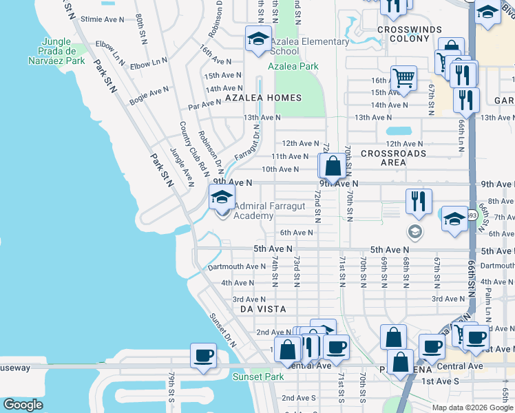 map of restaurants, bars, coffee shops, grocery stores, and more near 708 75th Street North in St. Petersburg