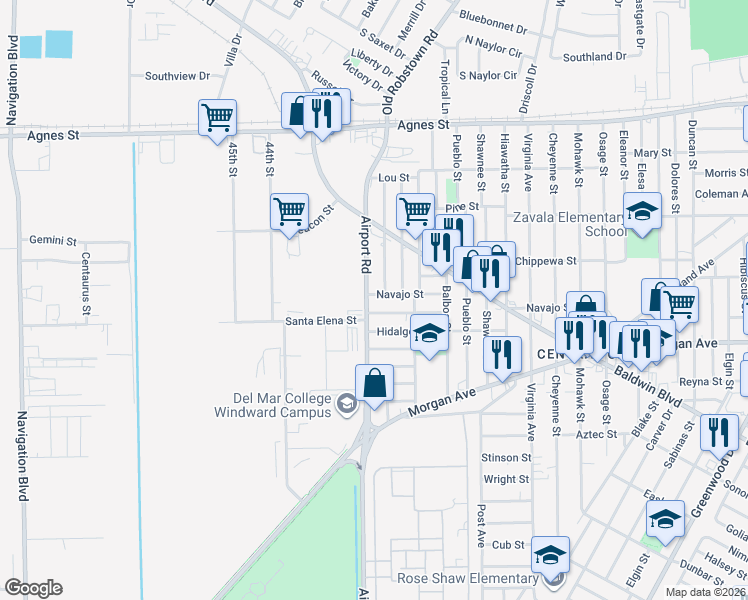 map of restaurants, bars, coffee shops, grocery stores, and more near 470 Vera Cruz Street in Corpus Christi