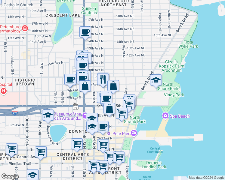 map of restaurants, bars, coffee shops, grocery stores, and more near 122 8th Avenue North in St. Petersburg