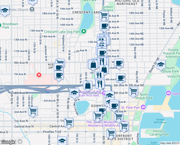 map of restaurants, bars, coffee shops, grocery stores, and more near 718 5th Street North in St. Petersburg