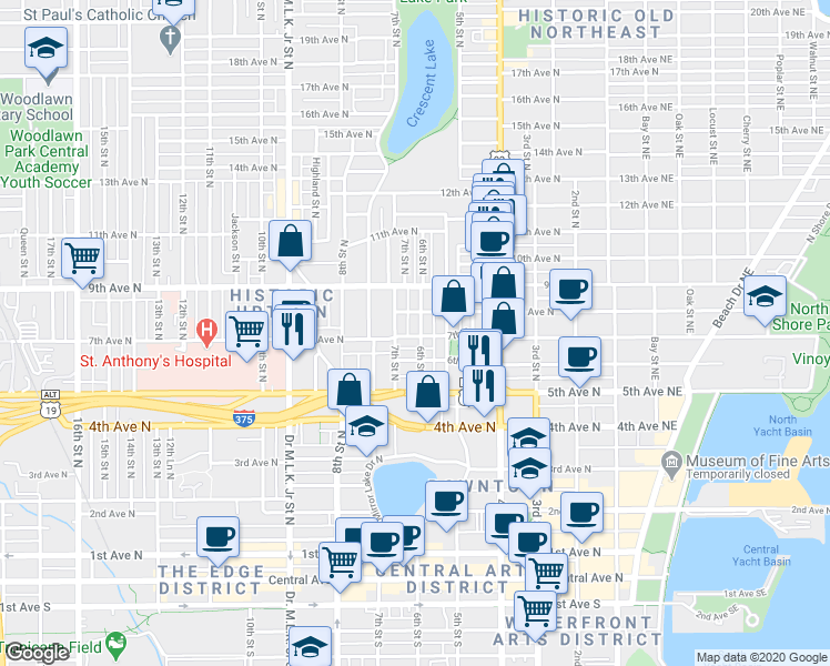 map of restaurants, bars, coffee shops, grocery stores, and more near 731 7th Street North in St. Petersburg