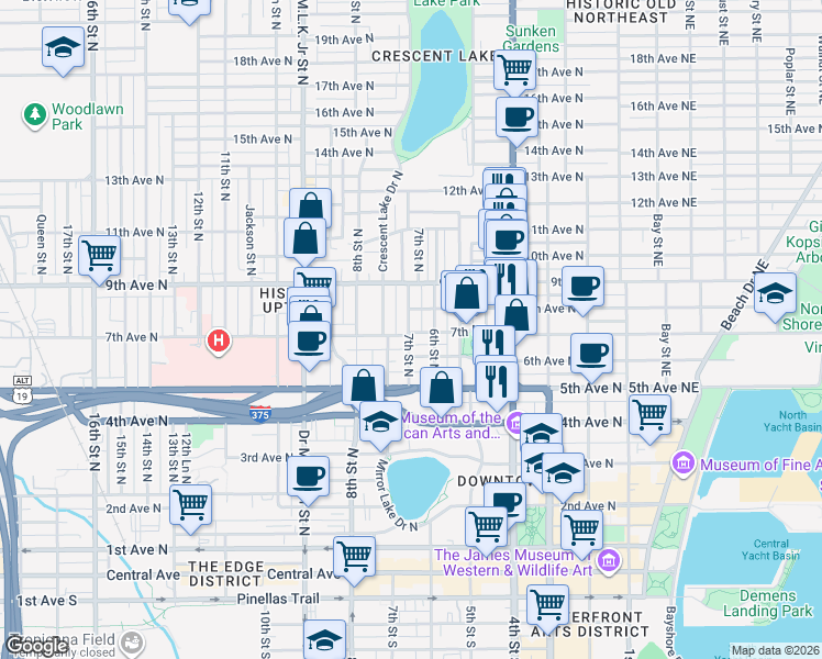 map of restaurants, bars, coffee shops, grocery stores, and more near 731 7th Street North in St. Petersburg
