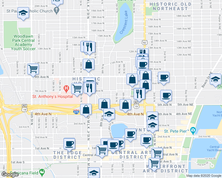 map of restaurants, bars, coffee shops, grocery stores, and more near 726 Grove Street North in St. Petersburg