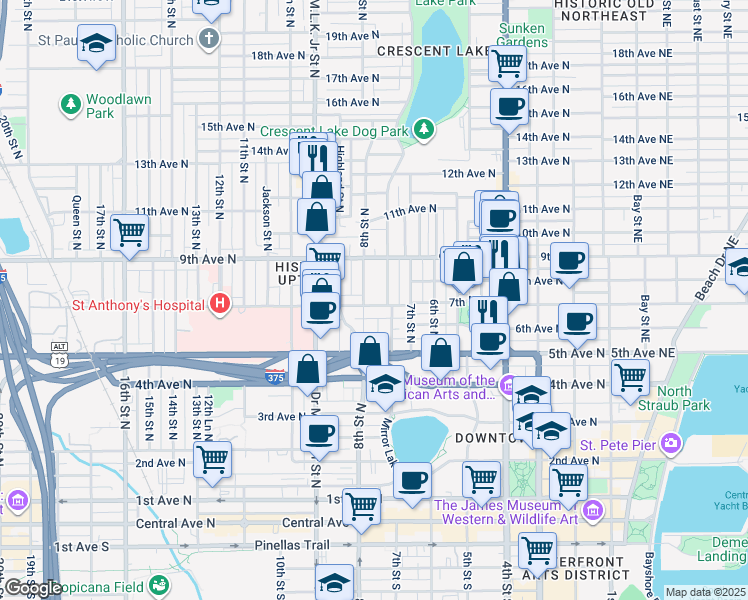 map of restaurants, bars, coffee shops, grocery stores, and more near 726 Grove Street North in St. Petersburg