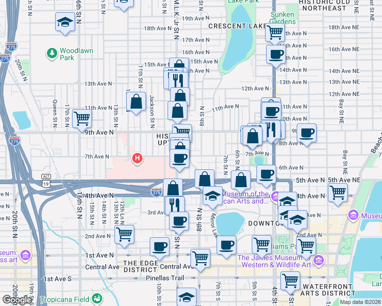 map of restaurants, bars, coffee shops, grocery stores, and more near 719 Highland Street North in St. Petersburg