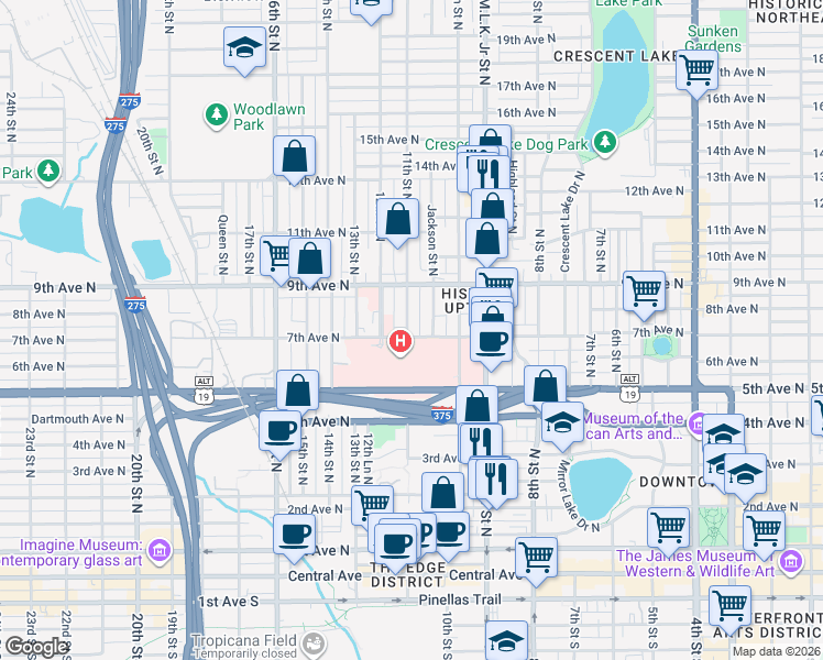 map of restaurants, bars, coffee shops, grocery stores, and more near 800 11th Street North in St. Petersburg