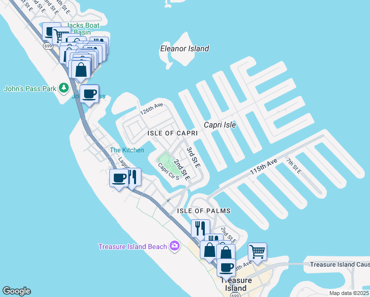 map of restaurants, bars, coffee shops, grocery stores, and more near 12051 3rd Street East in Treasure Island