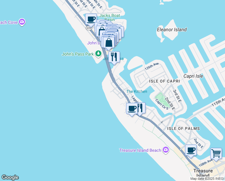 map of restaurants, bars, coffee shops, grocery stores, and more near 12617 Sunshine Lane in Treasure Island