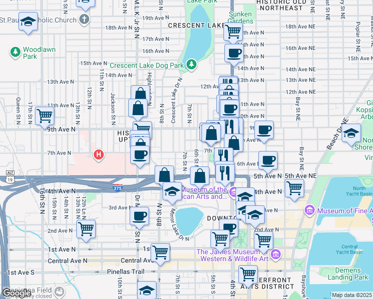 map of restaurants, bars, coffee shops, grocery stores, and more near 731 7th Street North in St. Petersburg