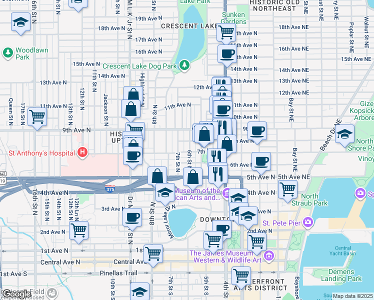 map of restaurants, bars, coffee shops, grocery stores, and more near 731 7th Street North in St. Petersburg