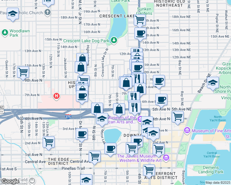 map of restaurants, bars, coffee shops, grocery stores, and more near 702 6th Street North in Saint Petersburg