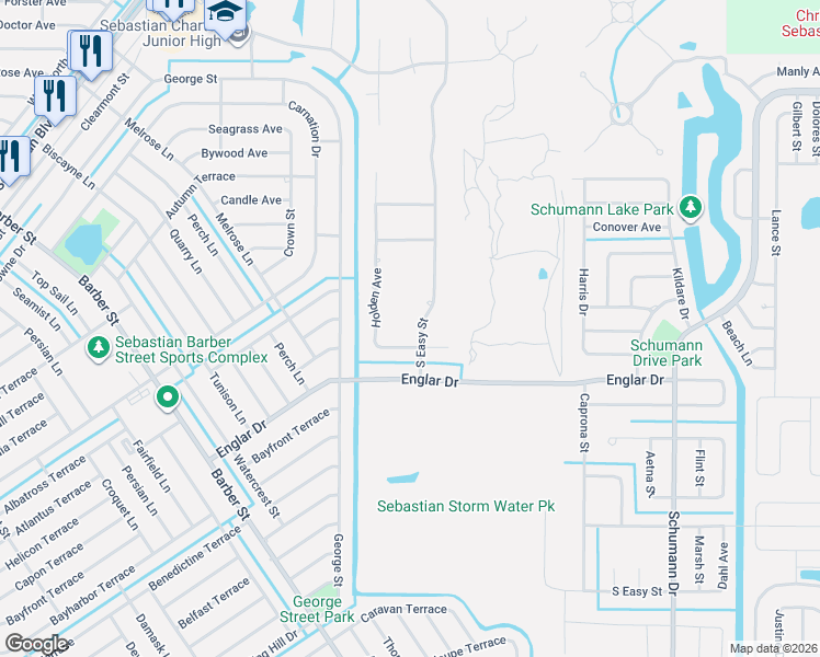 map of restaurants, bars, coffee shops, grocery stores, and more near 772 South Easy Street in Sebastian