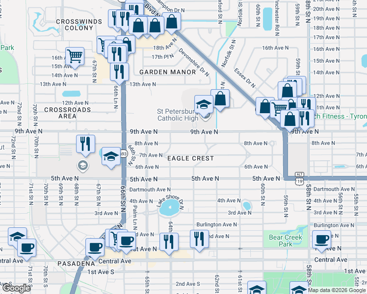 map of restaurants, bars, coffee shops, grocery stores, and more near 6375 8th Avenue North in St. Petersburg