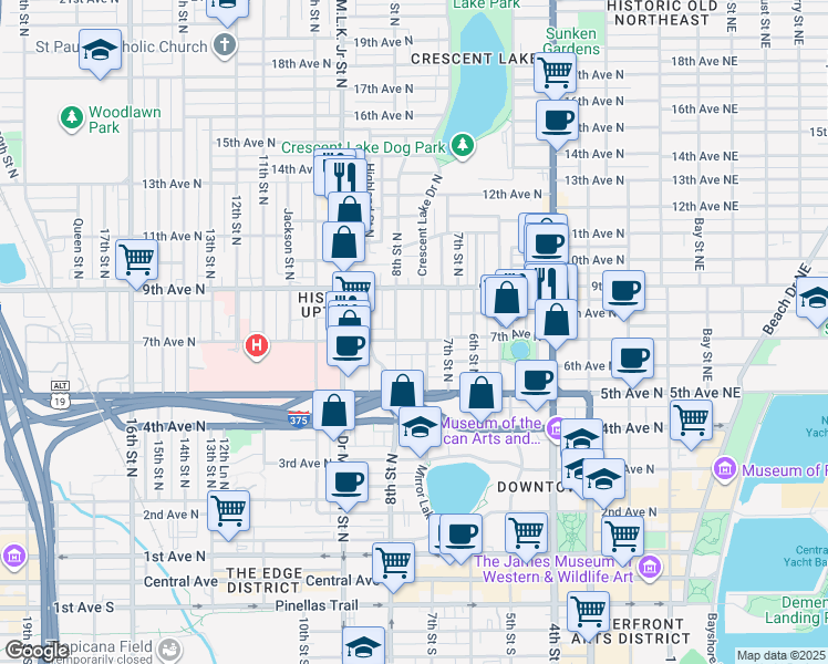 map of restaurants, bars, coffee shops, grocery stores, and more near 726 Grove Street North in St. Petersburg