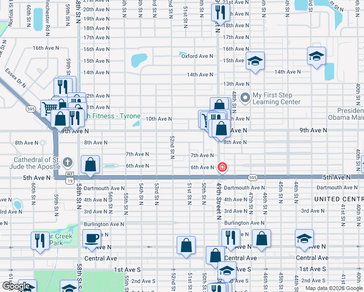 map of restaurants, bars, coffee shops, grocery stores, and more near 5035 8th Avenue North in St. Petersburg