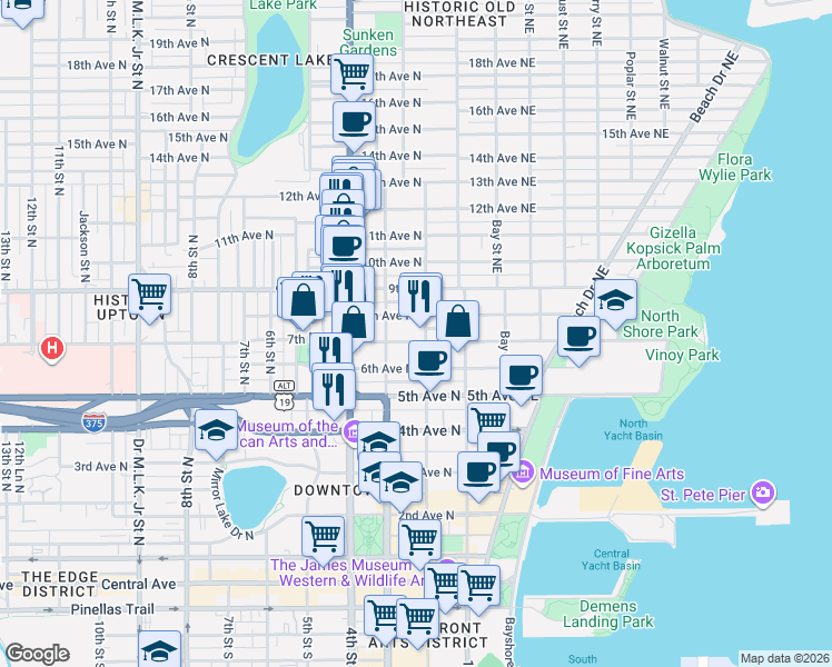 map of restaurants, bars, coffee shops, grocery stores, and more near 234 8th Avenue North in St. Petersburg