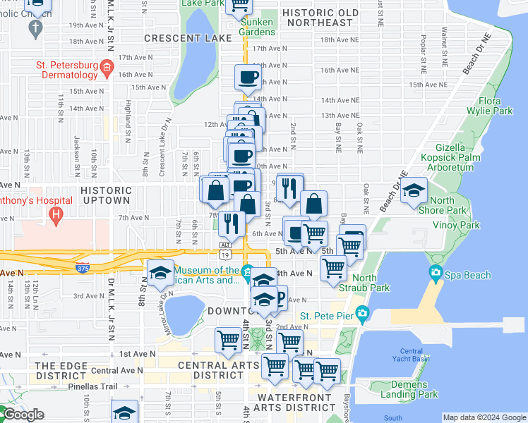 map of restaurants, bars, coffee shops, grocery stores, and more near 330 8th Avenue North in St. Petersburg