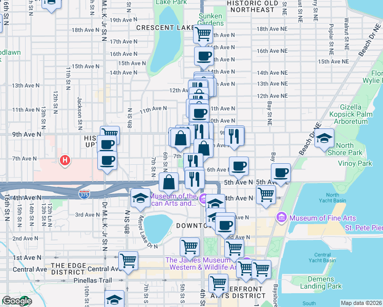 map of restaurants, bars, coffee shops, grocery stores, and more near 727 Dartmoor Street North in St. Petersburg