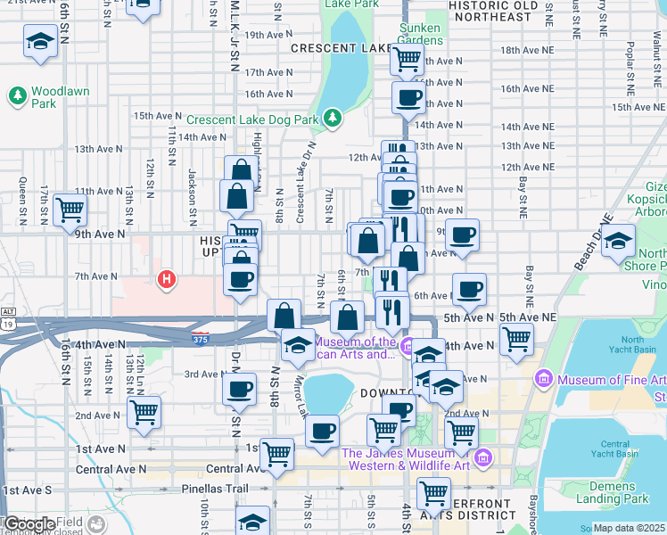 map of restaurants, bars, coffee shops, grocery stores, and more near 731 7th Street North in St. Petersburg
