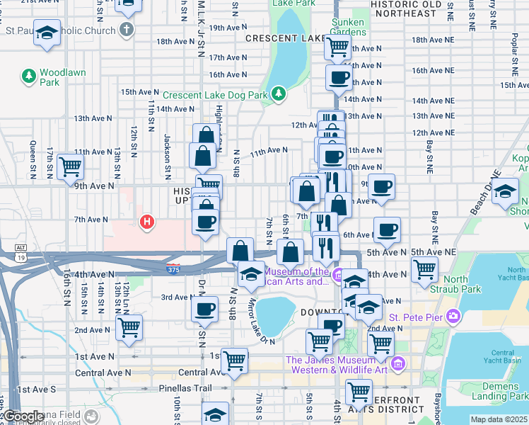 map of restaurants, bars, coffee shops, grocery stores, and more near 731 7th Street North in St. Petersburg