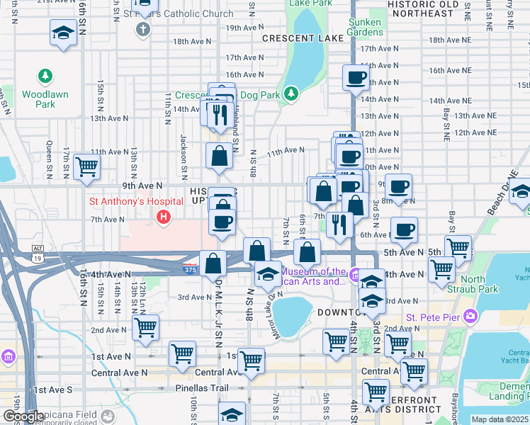 map of restaurants, bars, coffee shops, grocery stores, and more near 726 Grove Street North in St. Petersburg
