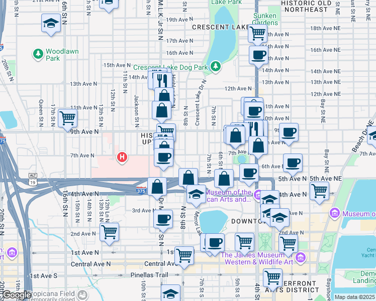 map of restaurants, bars, coffee shops, grocery stores, and more near 726 Grove Street North in St. Petersburg