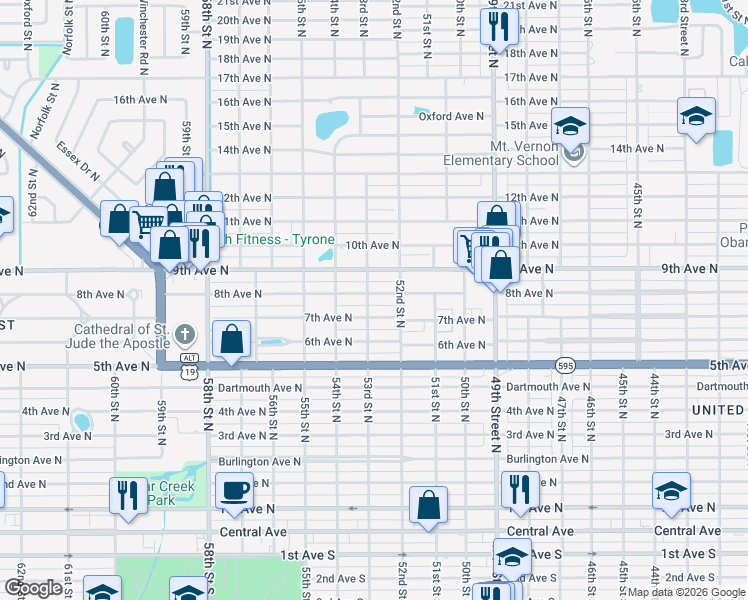 map of restaurants, bars, coffee shops, grocery stores, and more near 5301 8th Avenue North in St. Petersburg