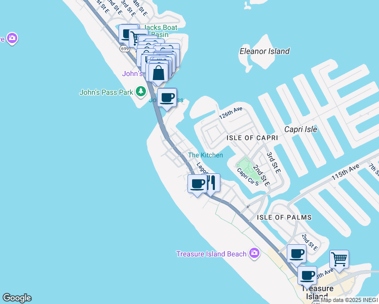 map of restaurants, bars, coffee shops, grocery stores, and more near 12505 Gulf Boulevard in Treasure Island